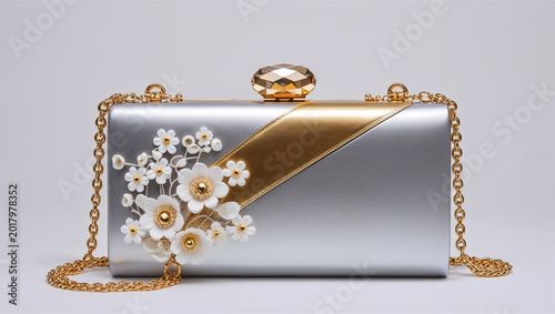 Silver Gold Floral Clutch Bag for Women | Elegant Pearl Flower Evening Purse | Bridal Wedding Party Handbag