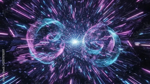 A vibrant, abstract tunnel of light and energy streaks through a dark void, creating a mesmerizing and futuristic visual experience.