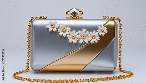 Silver Gold Floral Clutch Bag for Women | Elegant Pearl Flower Evening Purse | Bridal Wedding Party Handbag