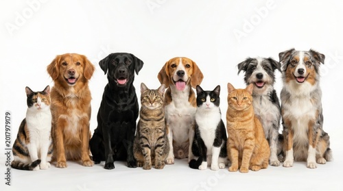 Diverse group of happy dogs and cats, a charming collection of domestic pets, adorable canine and feline companions, perfect for animal welfare and veterinary themes.