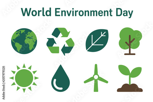 Environment icons set including globe recycle leaf and sun flat vector