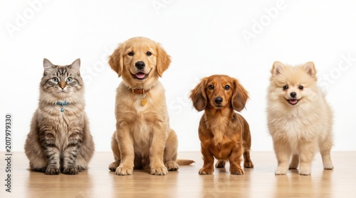 Adorable pet lineup, a charming collection of domestic animals. Cute cat and three happy dogs, golden retriever puppy, dachshund, and fluffy pomeranian, sitting together on a wooden floor