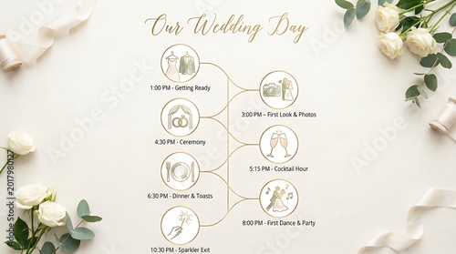 A wedding day schedule with elegant floral and ribbon accents. This event timeline includes various activities, with a touch of sophistication and romance