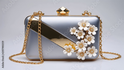 Silver Gold Floral Clutch Bag for Women | Elegant Pearl Flower Evening Purse | Bridal Wedding Party Handbag