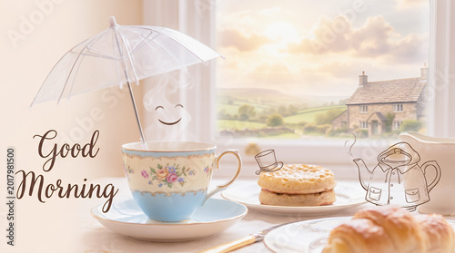 A cup of tea or coffee with a cake on a saucer, the text 