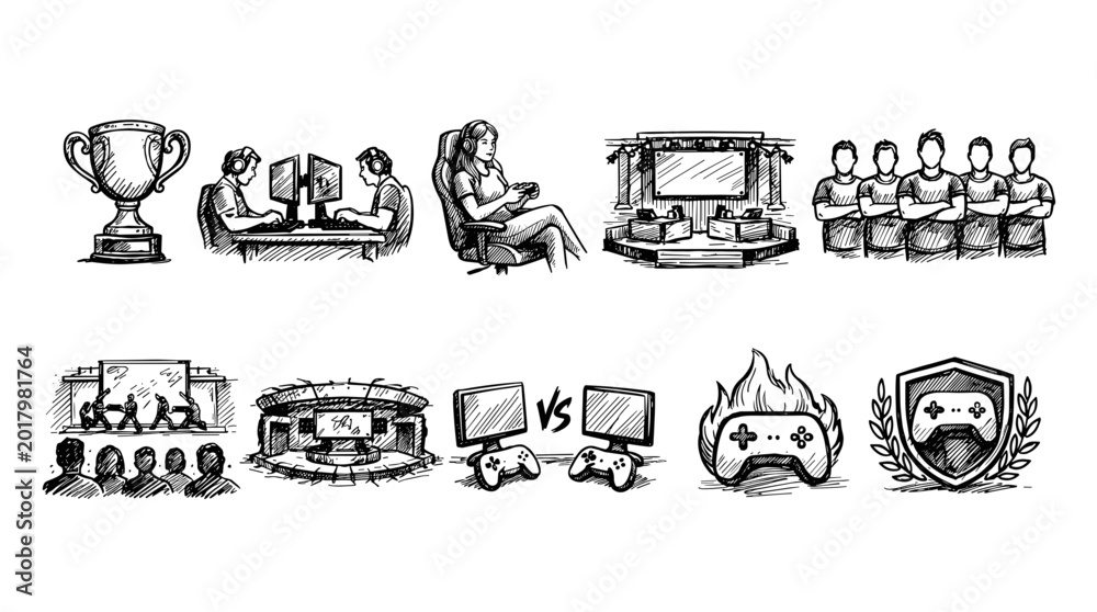 Obraz premium A hand-drawn collection of icons depicting esports tournaments, gaming setups, trophies, and players, representing competitive gaming culture.