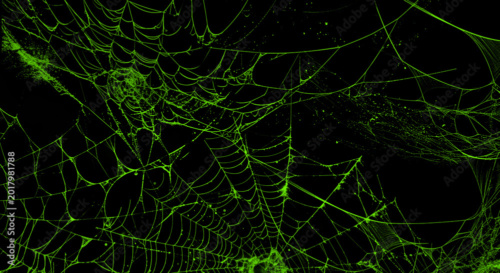 Εκτύπωση καμβά Glowing green spider web, neon black background, eerie Halloween decoration, spo