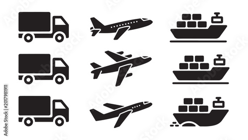 Global logistics and shipping transport silhouettes, including delivery truck cargo plane and ship