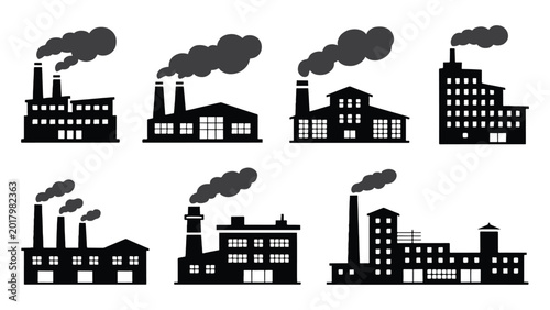 Industrial manufacturing factory building silhouettes with smoking chimneys for power and energy