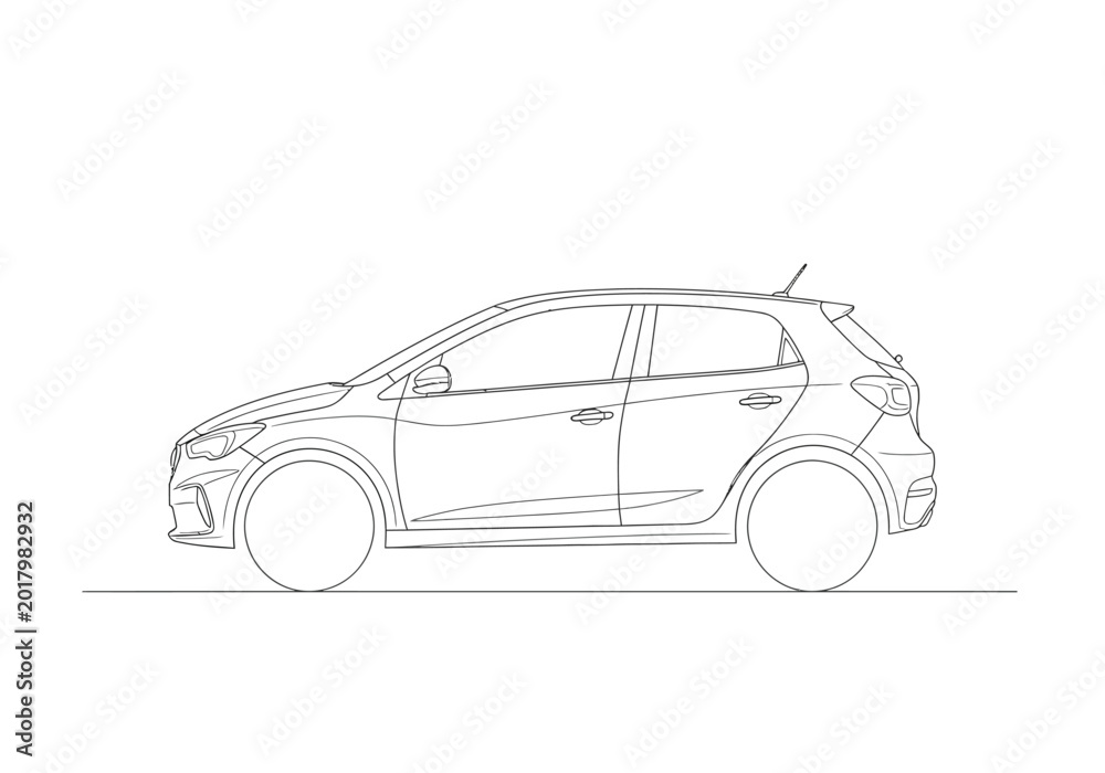 Obraz premium Clean minimalist line art drawing of a modern hatchback car side view with automobile