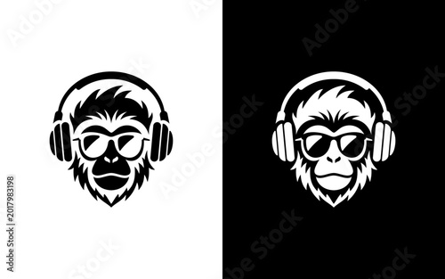 Photography Monkey Head with Sunglasses and Headphones Mascot Logo