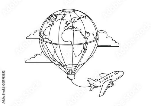 Foto Airplane attached to global map earth hot air balloon concept line art with airp