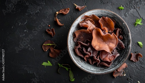A bowl of fresh wood ear mushrooms, perfect for health conscious cooks seeking nutritious and flavorful ingredient. black background.