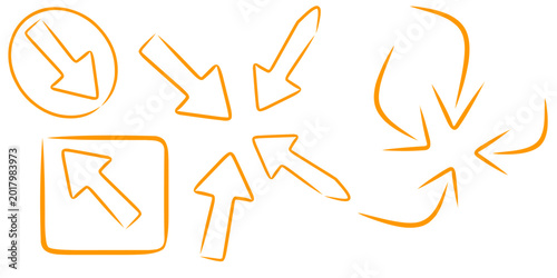 A collection of hand-drawn arrows. Different types of arrows pointing in different directions. A collection of colorful arrows.