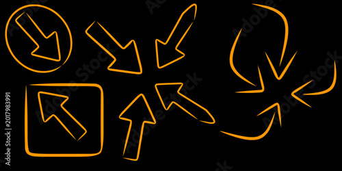 A collection of hand-drawn arrows. Different types of arrows pointing in different directions. A collection of colorful arrows.