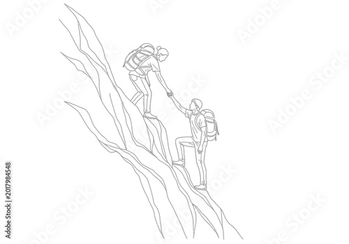 Bild auf Leinwand Line art illustration of mountaineers helping each other climb a steep cliff