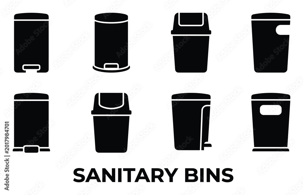 Fototapeta premium Collection of sanitary bins for hygiene and waste disposal icons solid black silhouette vector.