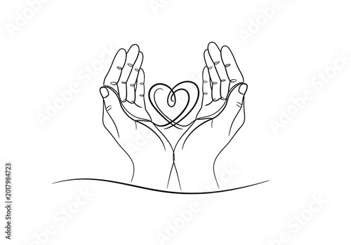 Fotografija Continuous one line drawing of hands cupping a simple heart shape with continuou