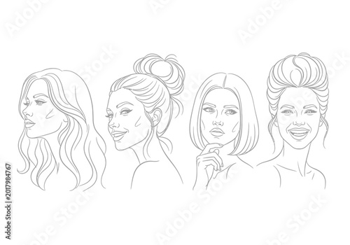 Set of four elegant women portrait profiles sketched in a minimalist fine line style