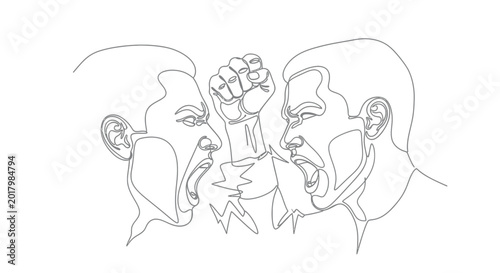 Fényképezés Continuous line art of two men confronting and shouting at each other with confr