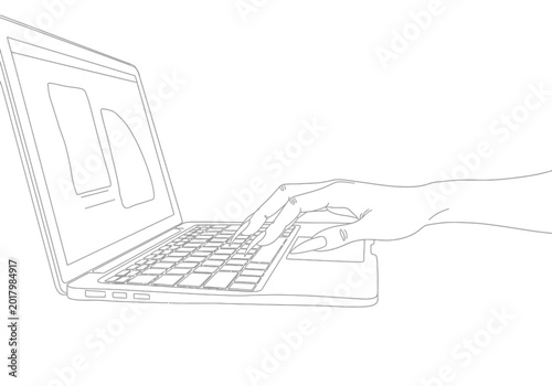 Obraz na plátne Sketch of a hand using a laptop keyboard and touchpad with line art, computer