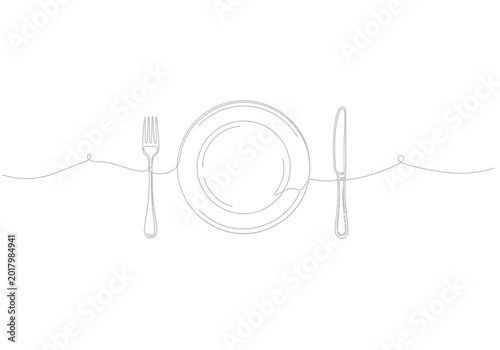Continuous line drawing of dinner plate with cutlery set tableware continuous