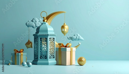 3d illustration ramadhan kareem with gift box, lantern and ornament ramadhan background
