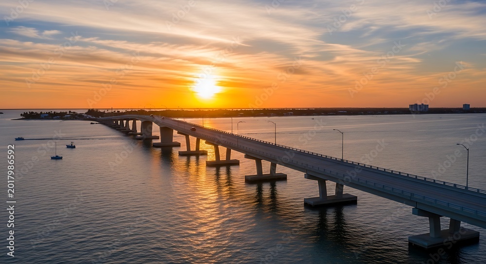 Fototapeta premium Sunset view of bridge over water with sun setting on horizon