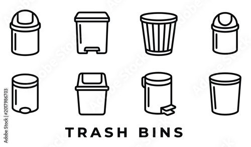 Set of eight trash bin icons in line art style featuring different designs and lids for various waste disposal.