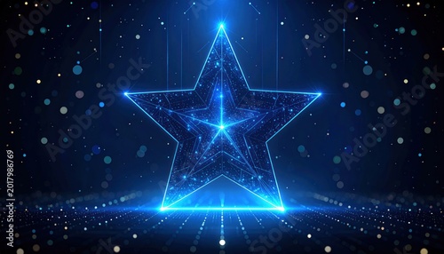 Award Ceremony Background with Blue Glowing Digital Grid in Star Shape with Glittering Lights and Bokeh Decoration on Dark Scene in Futuristic Technology Design Concept.