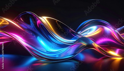 Abstract 3d black background with liquid glass transparent tapes, neon light effect. Iridescent streams curve fluid, blue pink gold holographic gradient.