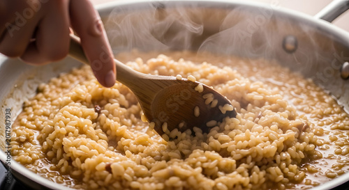 Chef stirring creamy risotto in a pan with a wooden spoon.