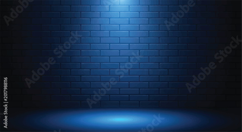 Blue spotlight on a brick wall and floor with building material wall texture blue light spotlight effect light beam modern background