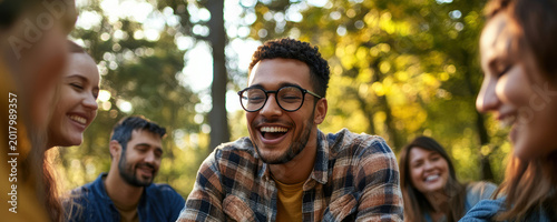 Casual outdoor meeting combines teamwork, friendship, and positive group energy during a relaxed discussion session surrounded by nature.