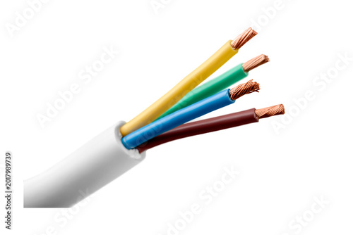 Slika na platnu Close-up of frayed electrical wires with copper conductors exposed against a whi