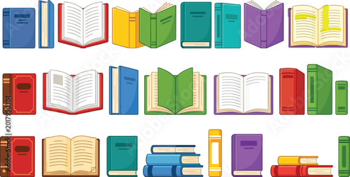 Colorful open and closed book illustrations set with textbooks stacks and reading icons vector collection