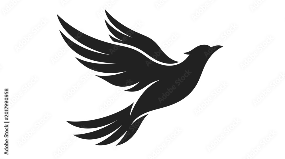 Fototapeta premium Black silhouette bird in flight wings spread.
