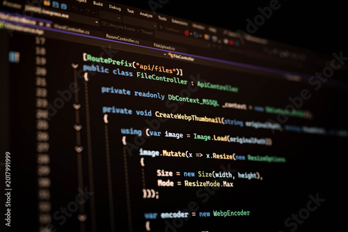 Close up of backend API source code on computer screen in dark mode editor. Software engineering, web development, database integration, programming technology and modern developer workspace concept.