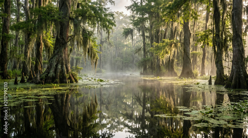 Serene Wetland Ecosystem with Ancient Trees and Floating Vegetation