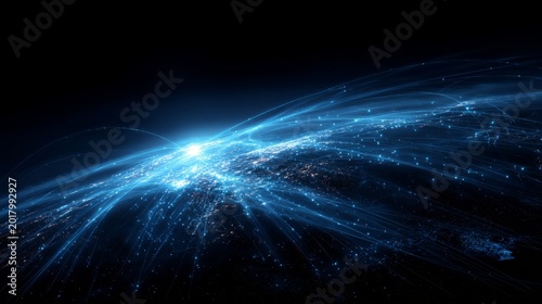 Abstract satellite data transmission concept background glowing blue network over earth globe with digital connection lines and light trail on dark space