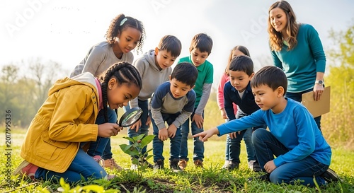 children learning about green plants outdoors.