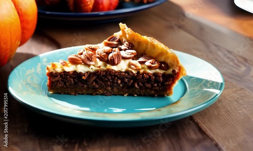 The pecan pie is placed on a blue ceramic plate, which is placed on a rustic wooden table.