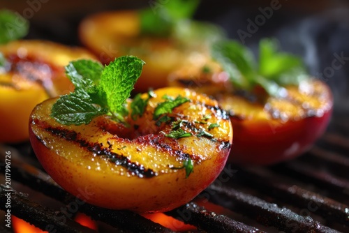 Close-up of grilled peach halves with mint garnish on a barbecue grill with visible char marks and smoke