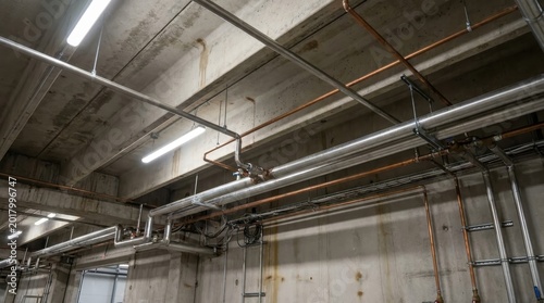 Complex network of industrial pipes and conduits running along exposed concrete ceiling joists and beams.