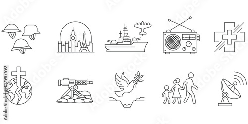 Fotografie Military history war icons with soldier helmets battleship radio medical cross dove peace refugee