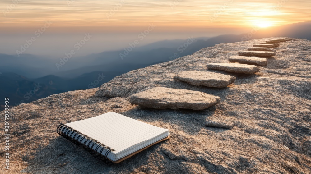 Obraz premium A spiral notebook rests on a rocky cliff path with stone steps leading toward the sunrise over misty mountains.