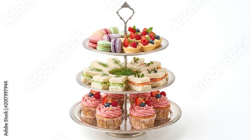 elegant three-tier dessert stand with assorted cupcakes and macarons on white background