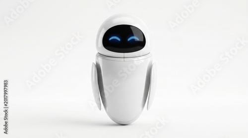 futuristic white service robot with glowing blue eyes on plain background