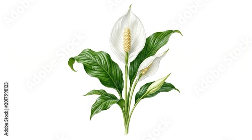 elegant white peace lily flower with glossy green leaves on white background