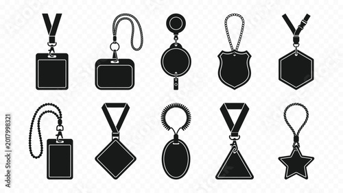 Solid black icon set of ID cards lanyards and employee badges for identity office business staff access